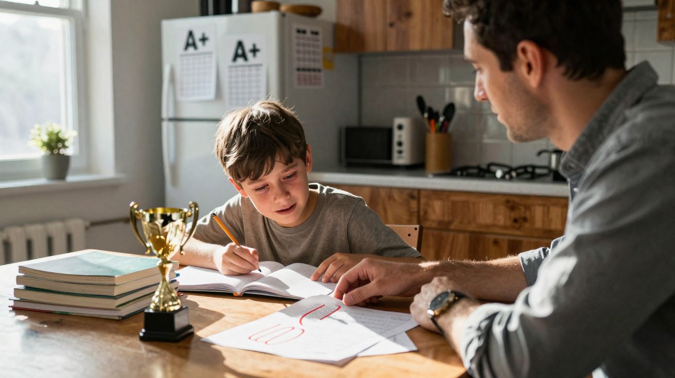 Junge erhält zu Hause Hilfe von Vater bei den Hausaufgaben, mit Bücherstapel und Trophäe auf dem Tisch.