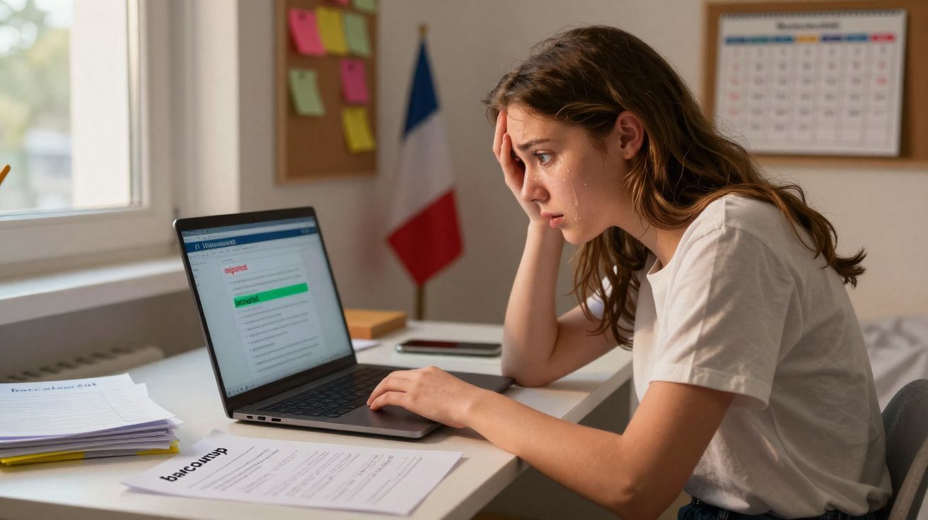 Jugendliche Frau schaut besorgt auf Laptop, sitzt am Schreibtisch mit Lernunterlagen und französischer Flagge im Hintergrund.