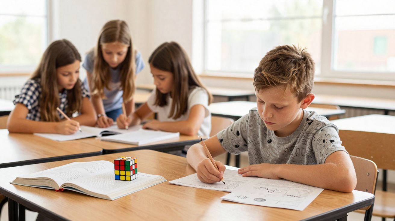 Vier Schulkindern arbeiten konzentriert an Schulaufgaben in einem hellen Klassenzimmer mit Rubik’s Cube auf dem Tisch.
