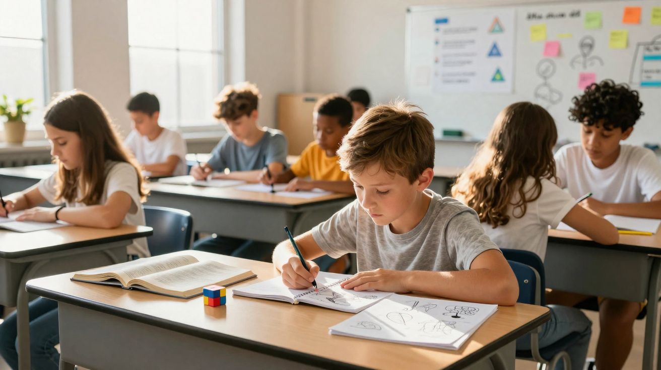 Schülerinnen und Schüler sitzen in einem Klassenzimmer und zeichnen oder schreiben konzentriert an ihren Pulten.