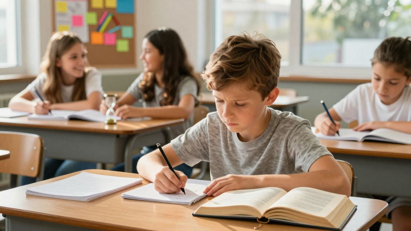 Schüler sitzen im Klassenzimmer, ein Junge schreibt konzentriert in ein Heft, andere unterhalten sich im Hintergrund.