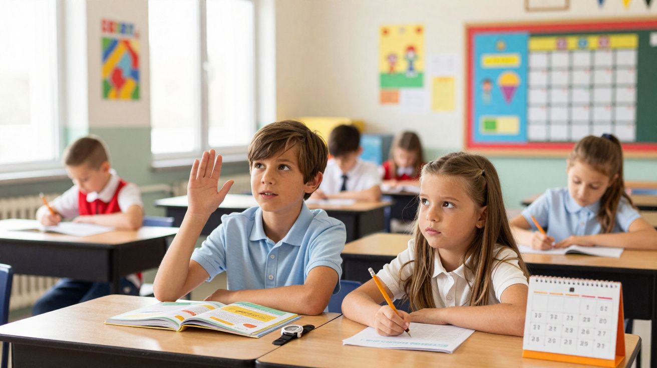 Schüler sitzen im Klassenzimmer, ein Junge meldet sich, andere schreiben eifrig in ihre Hefte.