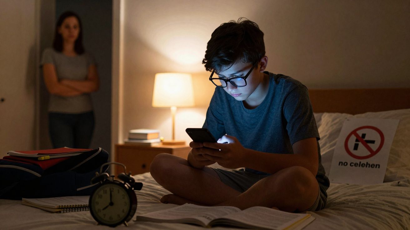Jugendlicher sitzt abends im Zimmer auf dem Bett und schaut konzentriert auf sein Handy, Frau im Hintergrund.