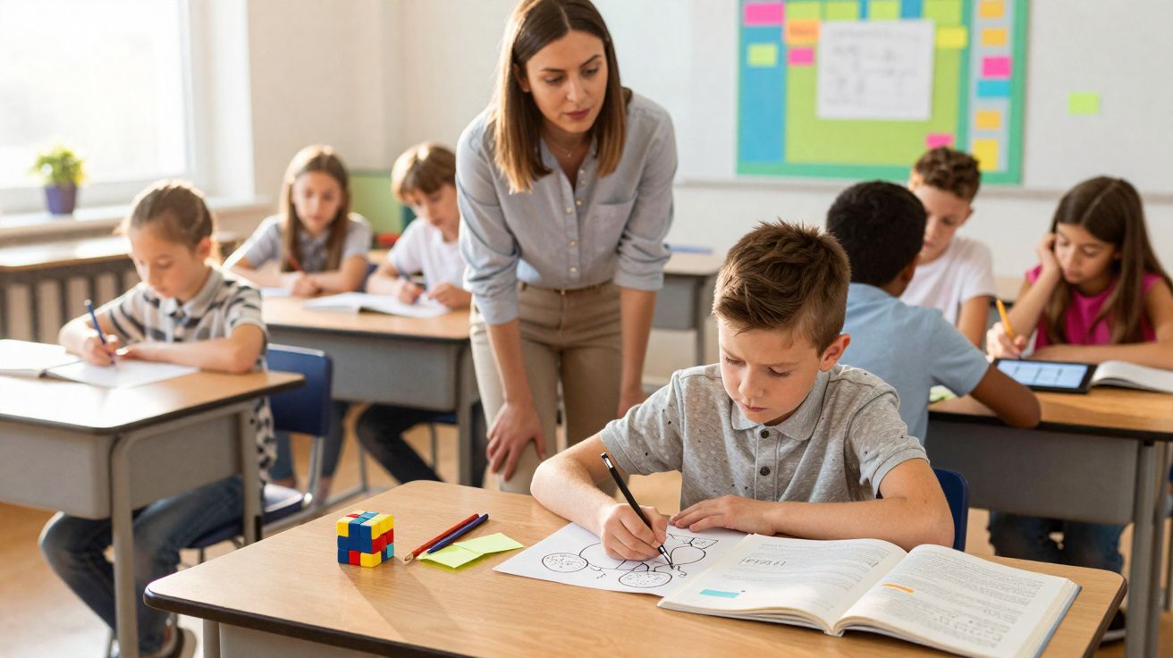 Lehrerin unterstützt Schüler beim Lernen in hellem Klassenzimmer mit mehreren Kindern am Schreibtisch.