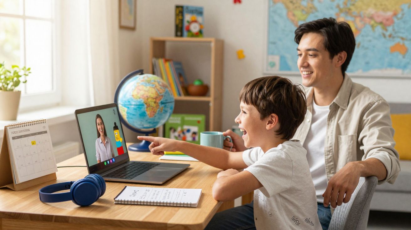 Junge und erwachsener Mann lachen beim Online-Unterricht am Laptop mit Globus und Kalender auf dem Tisch.