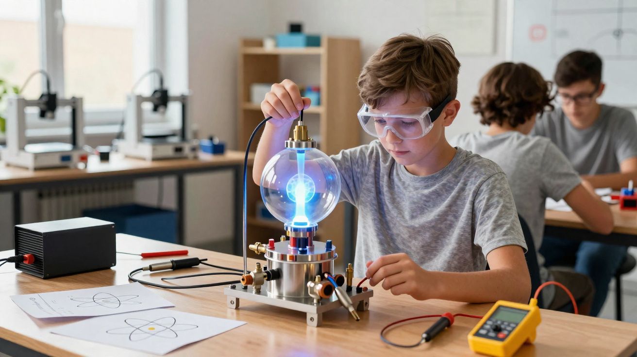 Schüler mit Schutzbrille experimentiert mit Plasmakugel im naturwissenschaftlichen Unterricht.