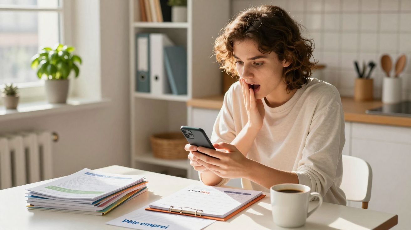 Junge Frau sitzt am Tisch mit Unterlagen und schaut überrascht auf ihr Smartphone in heller Küche.