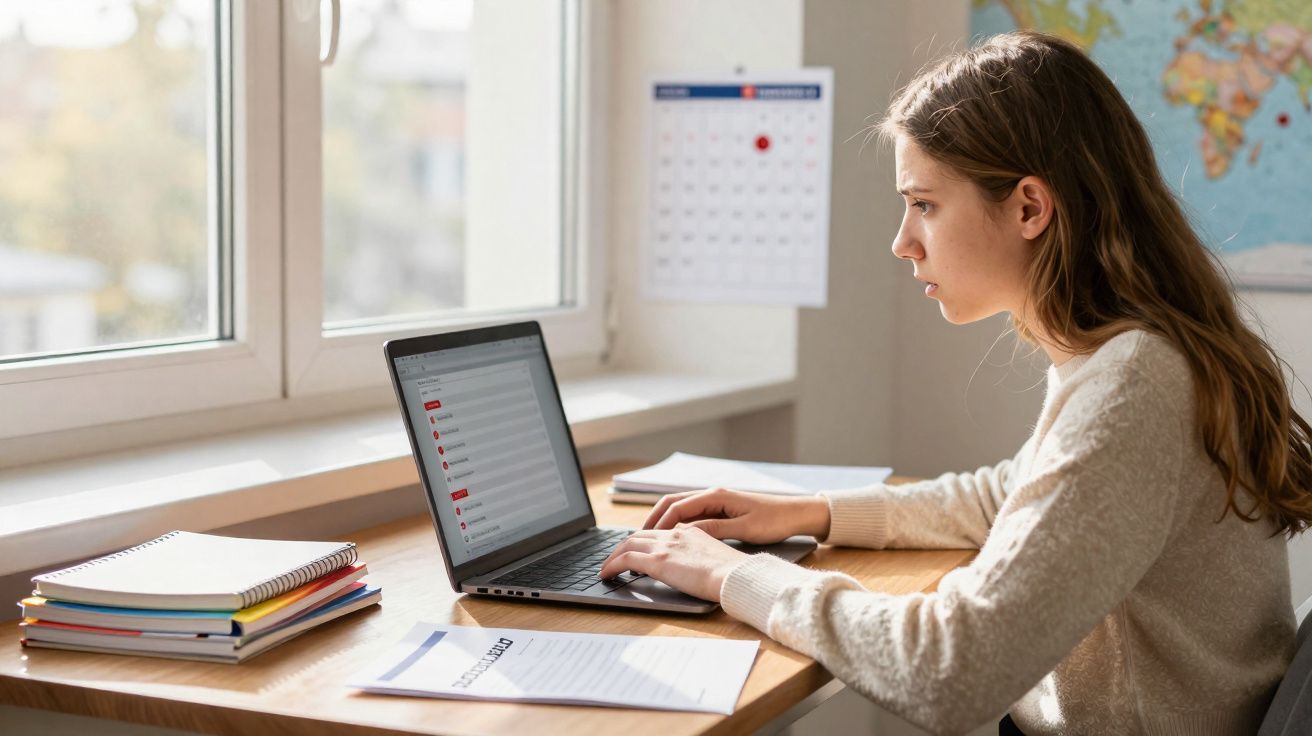 Junge Frau arbeitet konzentriert am Laptop an einem hellen Arbeitsplatz mit Schulunterlagen.