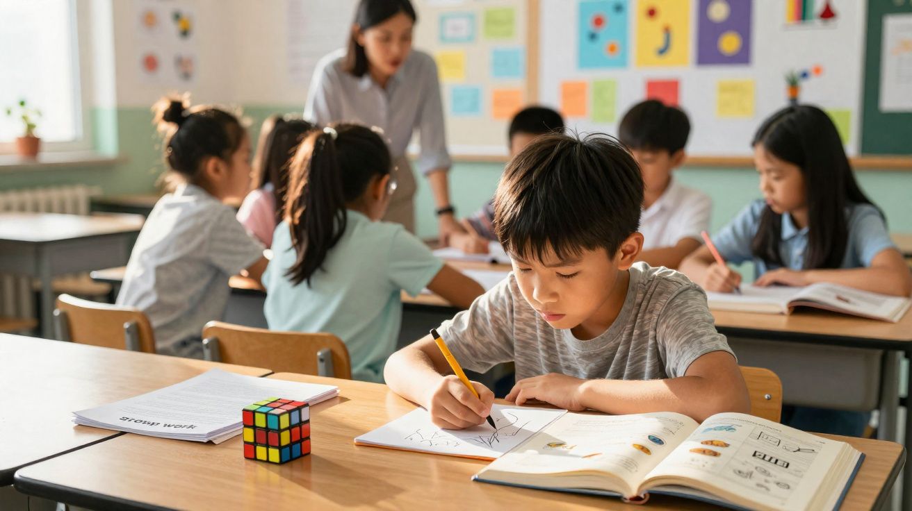 Klassenraum mit Kindern, die an Tischen sitzen und zeichnen oder lernen, Lehrerin im Hintergrund.