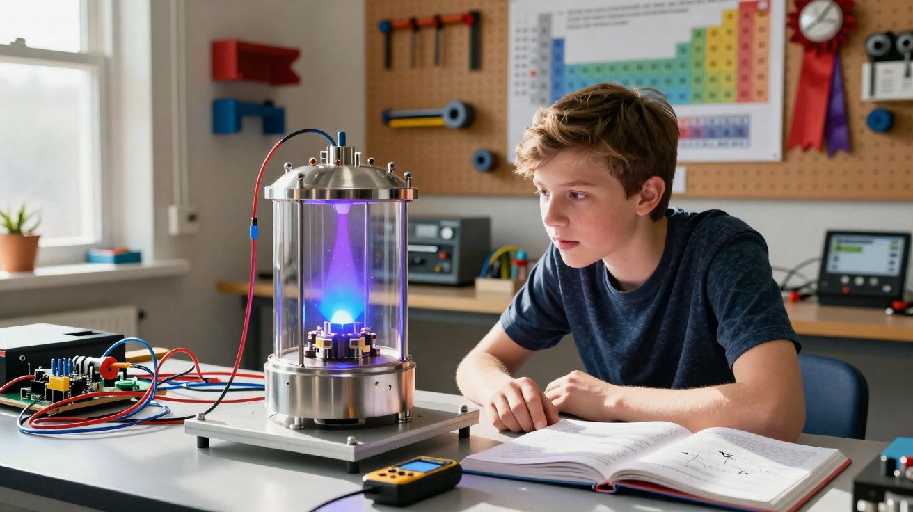 Junge beobachtet gespannt einen leuchtenden Plasma-Glaskolben im naturwissenschaftlichen Unterricht.